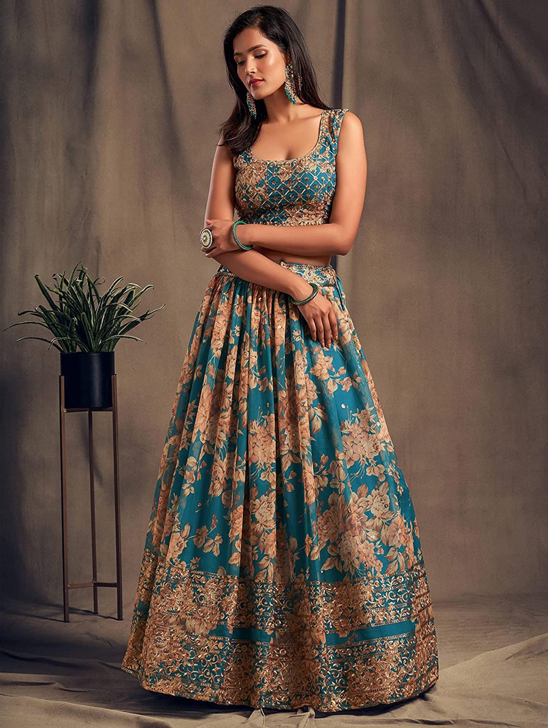 turquoise embroidered semi-stitched flared lehenga choli set with dupatta - 18448695 - Zoom Image - 2