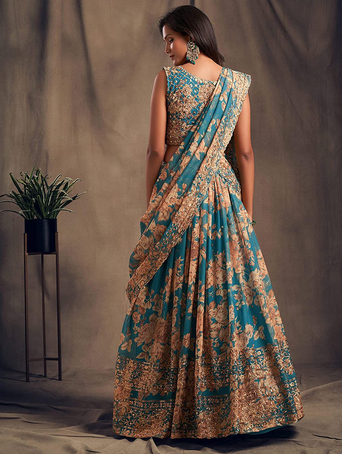 turquoise embroidered semi-stitched flared lehenga choli set with dupatta - 18448695 - Zoom Image - 3