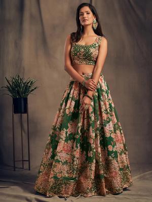 green embroidered semi-stitched flared lehenga choli set with dupatta - 18448696 - Standard Image - 4