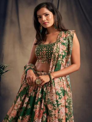 green embroidered semi-stitched flared lehenga choli set with dupatta - 18448696 - Standard Image - 5