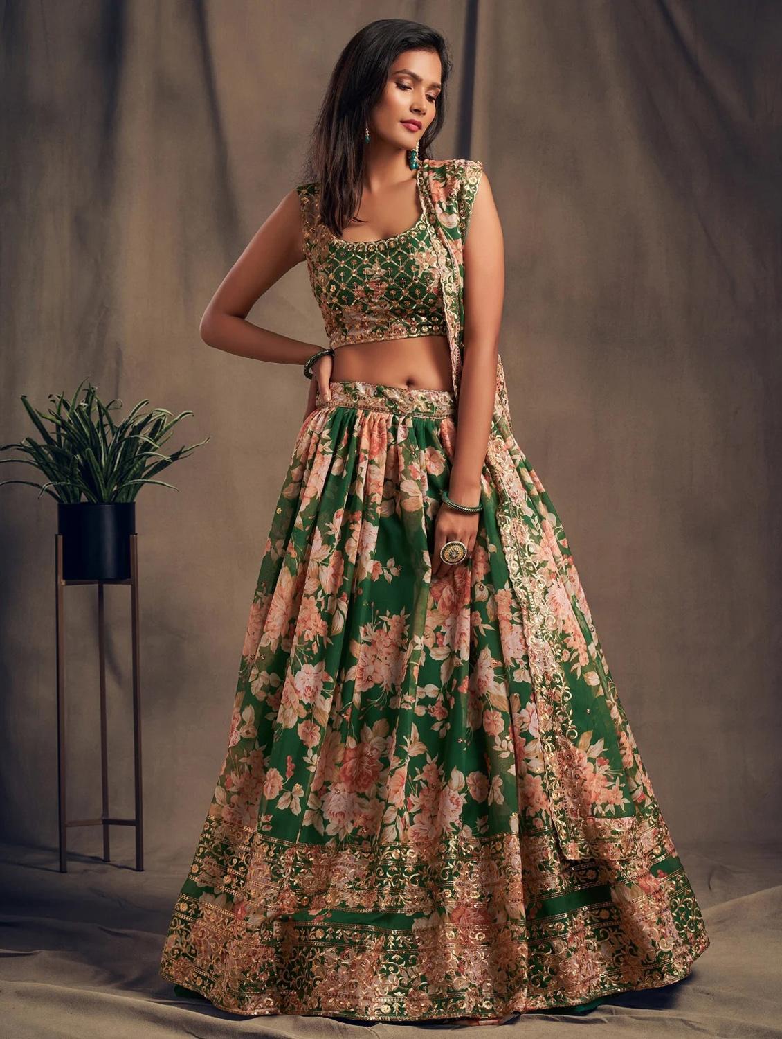 green embroidered semi-stitched flared lehenga choli set with dupatta - 18448696 - Zoom Image - 2