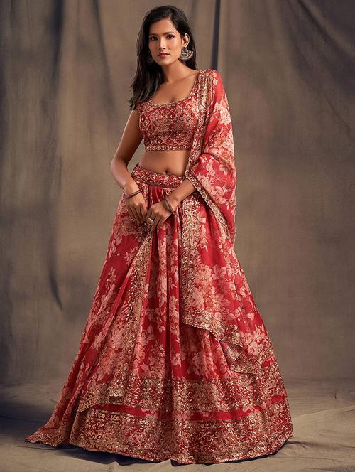 red embroidered semi-stitched flared lehenga choli set with dupatta - 18448698 - Standard Image - 1