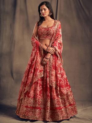 red embroidered semi-stitched flared lehenga choli set with dupatta - 18448698 - Standard Image - 2