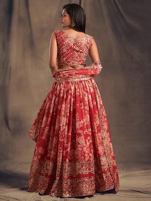 red embroidered semi-stitched flared lehenga choli set with dupatta - 18448698 - Standard Image - 3