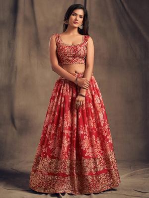 red embroidered semi-stitched flared lehenga choli set with dupatta - 18448698 - Standard Image - 4