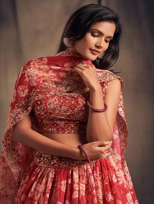 red embroidered semi-stitched flared lehenga choli set with dupatta - 18448698 - Standard Image - 6