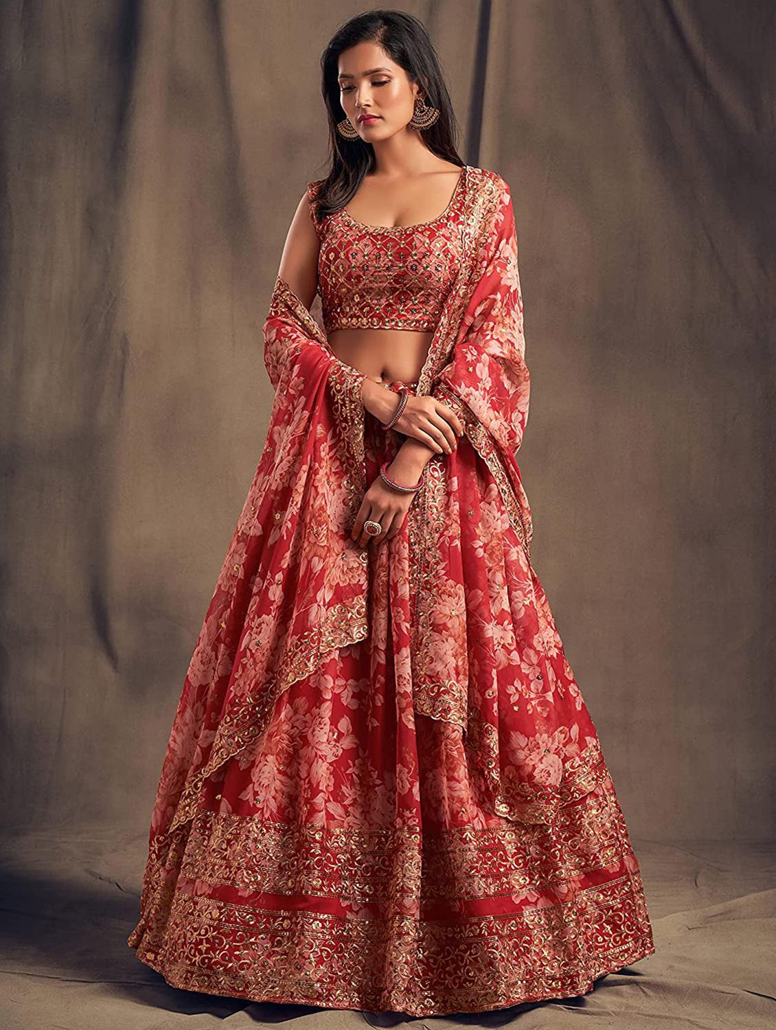 red embroidered semi-stitched flared lehenga choli set with dupatta - 18448698 - Zoom Image - 2
