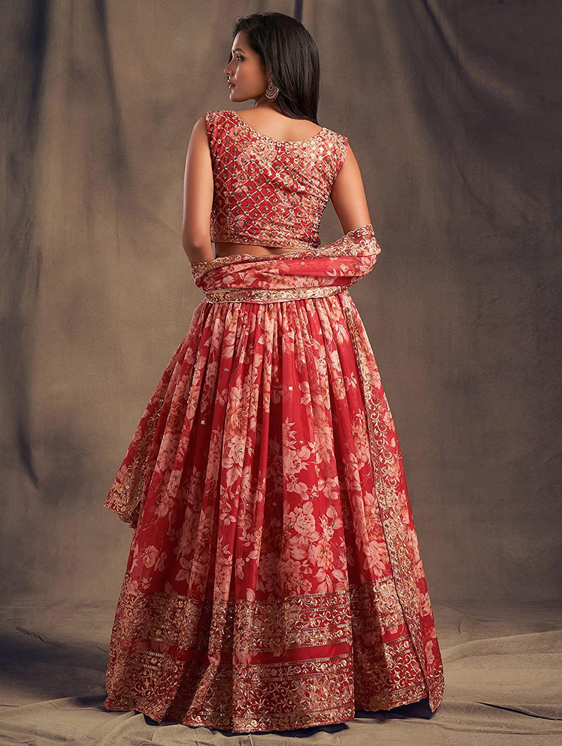 red embroidered semi-stitched flared lehenga choli set with dupatta - 18448698 - Zoom Image - 3