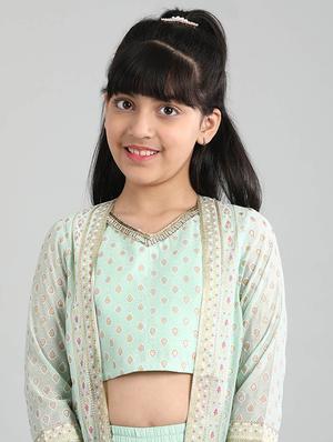 girls sea green printed top pant set with shrug - 18448724 - Standard Image - 4