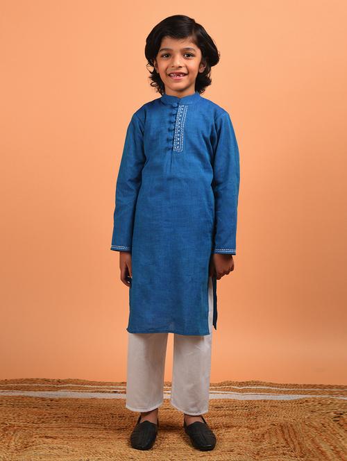 boys blue embroidered kurta & pyjama set - 18448844 - Standard Image - 1