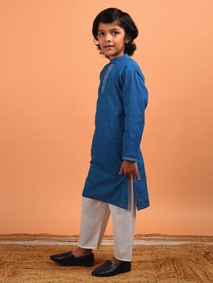boys blue embroidered kurta & pyjama set - 18448844 - Standard Image - 3