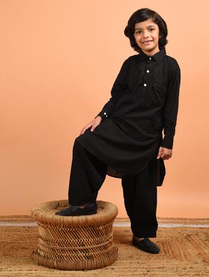 boys black solid kurta pyjama set - 18448857 - Standard Image - 3