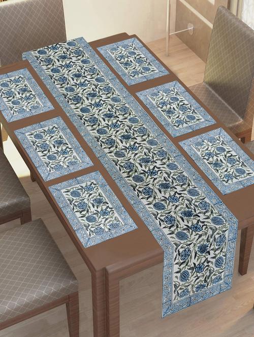 texstylers thick cotton canvas jaipuri block print 6 table mats and 1 runner set - 18450278 - Standard Image - 1