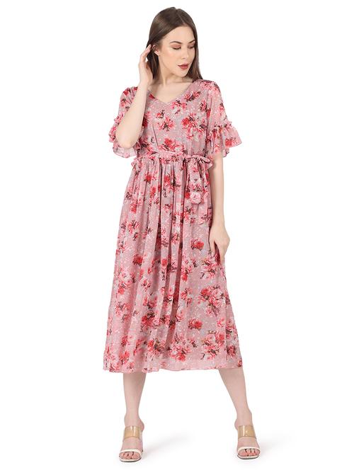 pink tie front floral printed fit & flare dress - 18450586 - Very Small Image - 1