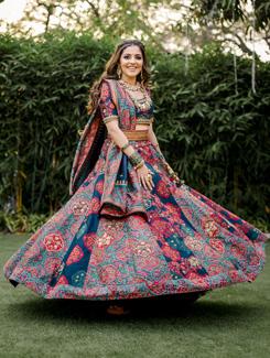 teal printed semi-stitched flared lehenga - 18451779 - Very Small Image - 1
