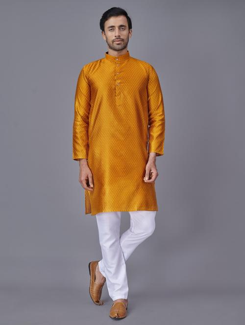 mustard self-designed kurta pyjama ethnic wear set - 18452299 - Standard Image - 1