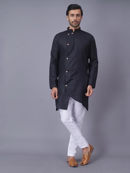 black solid asymmetric kurta pyjama ethnic wear set - 18452304 - Standard Image - 1