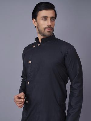 black solid asymmetric kurta pyjama ethnic wear set - 18452304 - Standard Image - 4