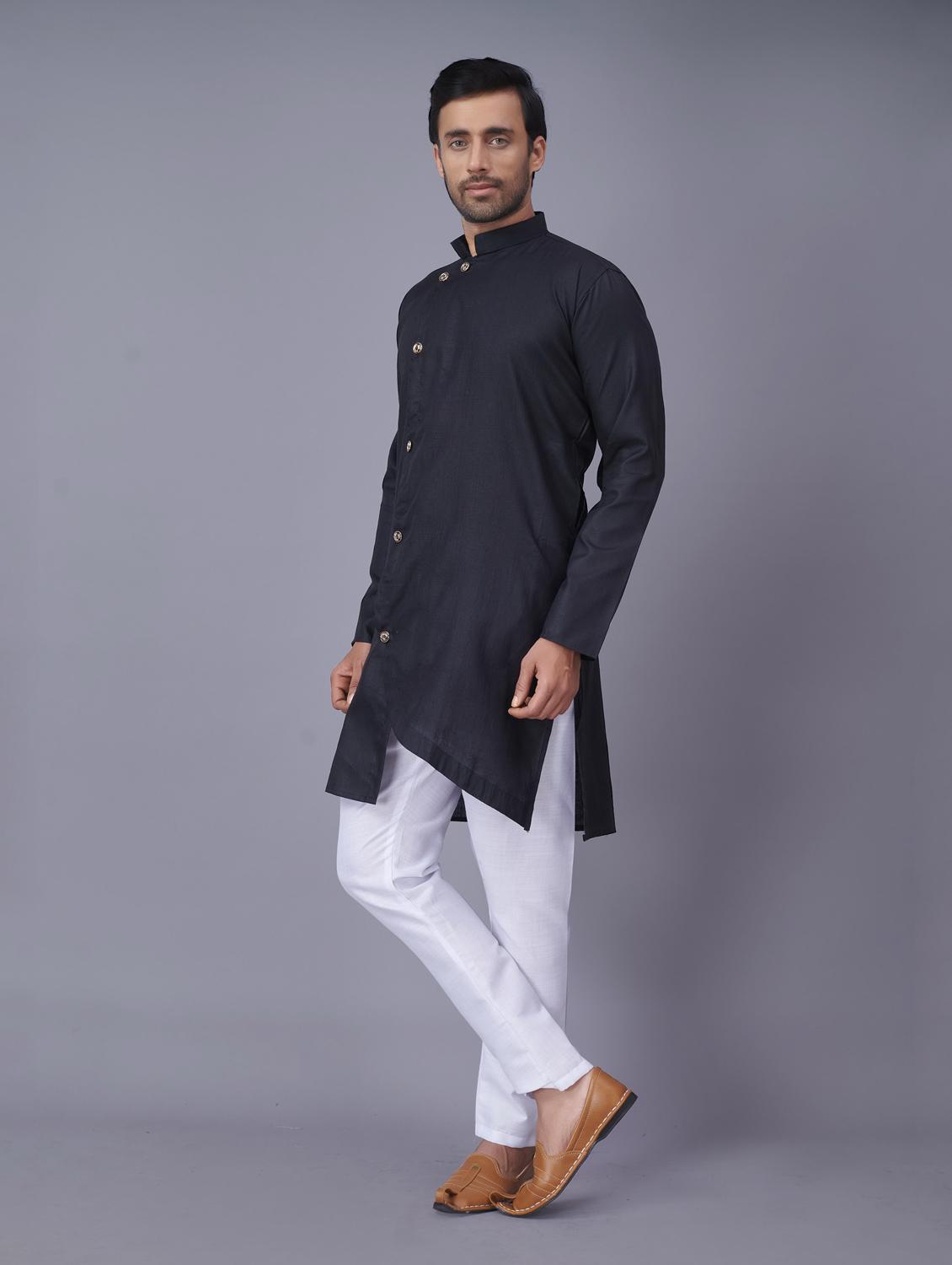black solid asymmetric kurta pyjama ethnic wear set - 18452304 - Zoom Image - 2