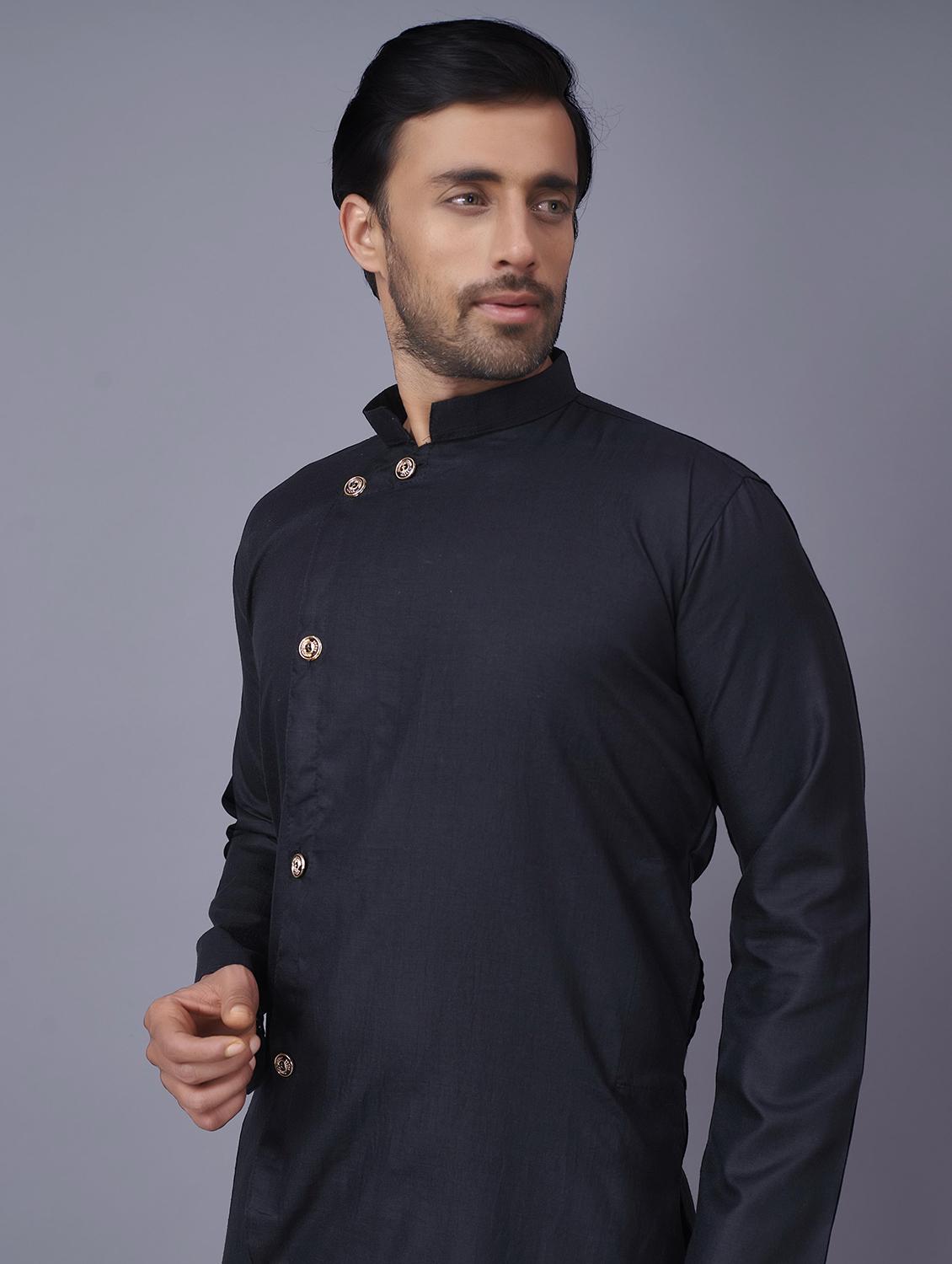 black solid asymmetric kurta pyjama ethnic wear set - 18452304 - Zoom Image - 4