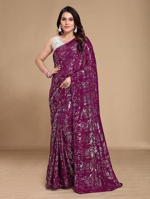 magenta all over sequined saree with blouse - 18453390 - Very Small Image - 1