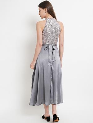 grey sequined detailed tie back fit & flare dress - 18454573 - Standard Image - 3