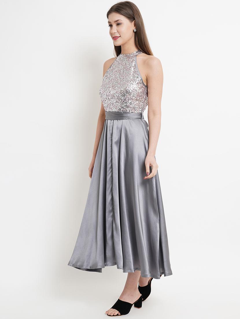 grey sequined detailed tie back fit & flare dress - 18454573 - Zoom Image - 2