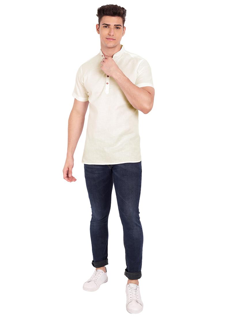 beige solid short kurta - 18454639 - Zoom Image - 4