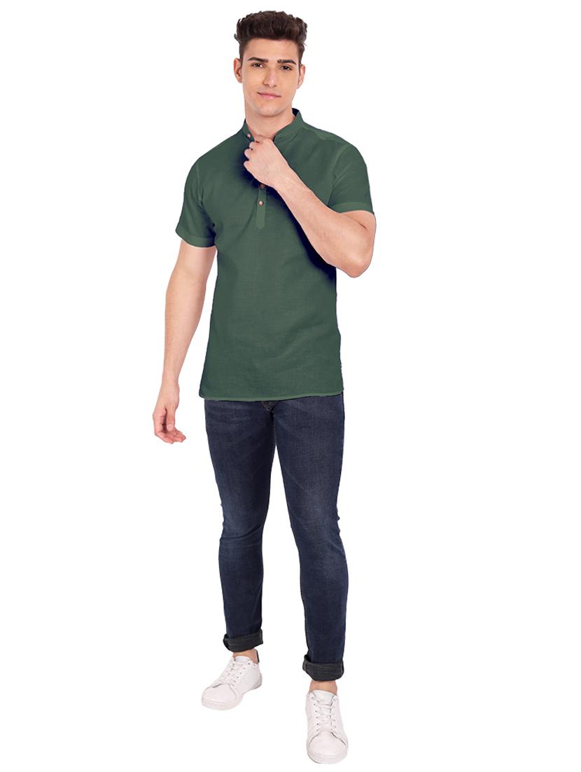 bottle-green solid short kurta - 18454642 - Zoom Image - 4