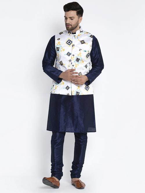navy pure solid kurta pyjama with printed nehru-jacket - 18455951 - Standard Image - 1