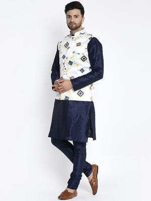 navy pure solid kurta pyjama with printed nehru-jacket - 18455951 - Standard Image - 2