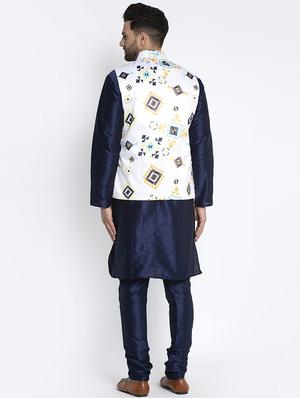navy pure solid kurta pyjama with printed nehru-jacket - 18455951 - Standard Image - 3