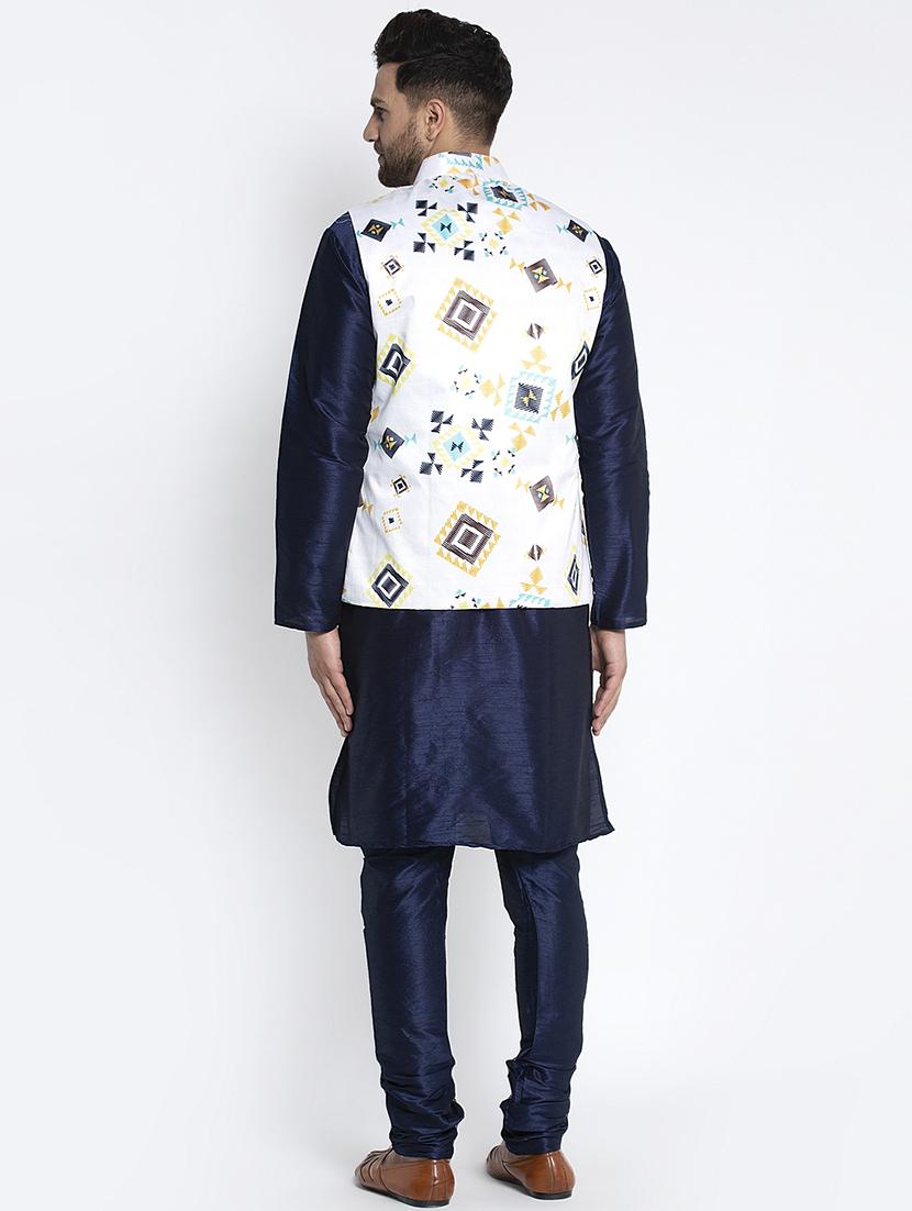 navy pure solid kurta pyjama with printed nehru-jacket - 18455951 - Zoom Image - 3