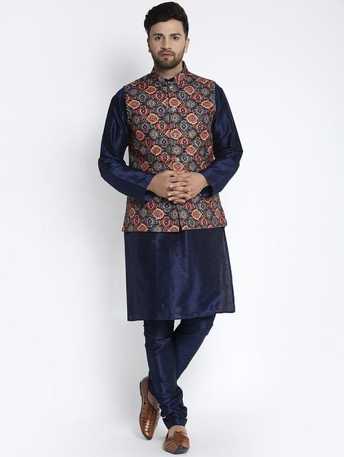 navy pure solid kurta pyjama with printed nehru-jacket - 18455952 - Standard Image - 1