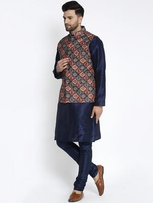 navy pure solid kurta pyjama with printed nehru-jacket - 18455952 - Standard Image - 2
