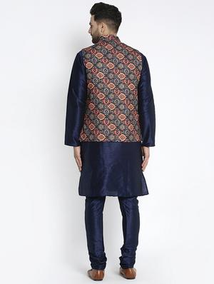 navy pure solid kurta pyjama with printed nehru-jacket - 18455952 - Standard Image - 3