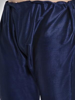 navy pure solid kurta pyjama with printed nehru-jacket - 18455952 - Standard Image - 4