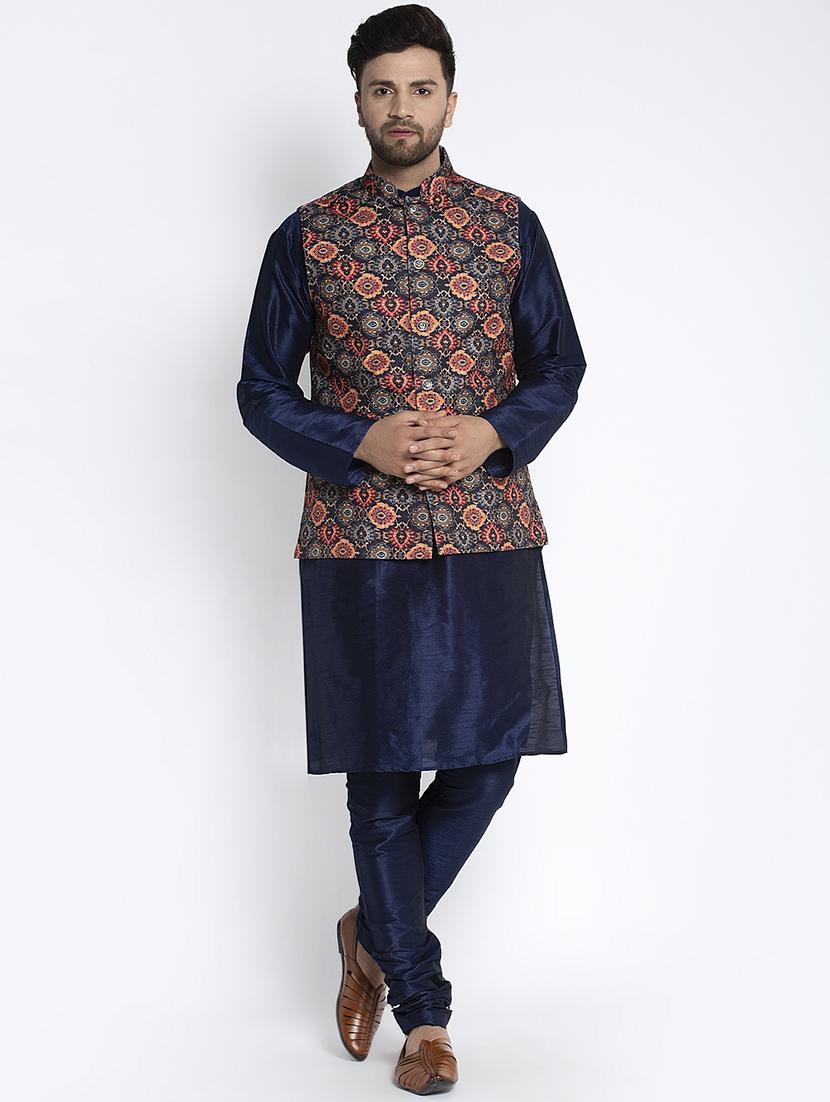 navy pure solid kurta pyjama with printed nehru-jacket - 18455952 - Zoom Image - 1