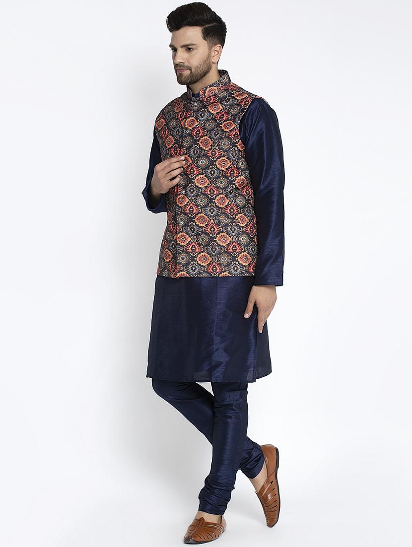 navy pure solid kurta pyjama with printed nehru-jacket - 18455952 - Zoom Image - 2