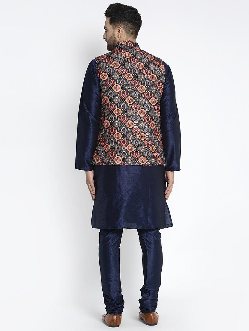 navy pure solid kurta pyjama with printed nehru-jacket - 18455952 - Zoom Image - 3