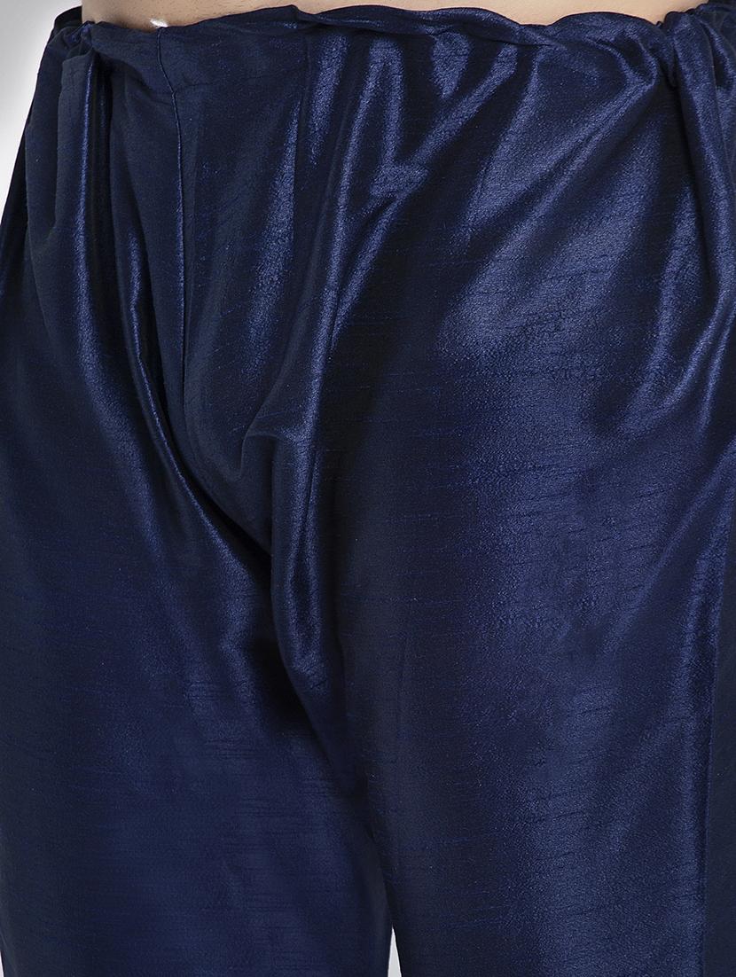 navy pure solid kurta pyjama with printed nehru-jacket - 18455952 - Zoom Image - 4