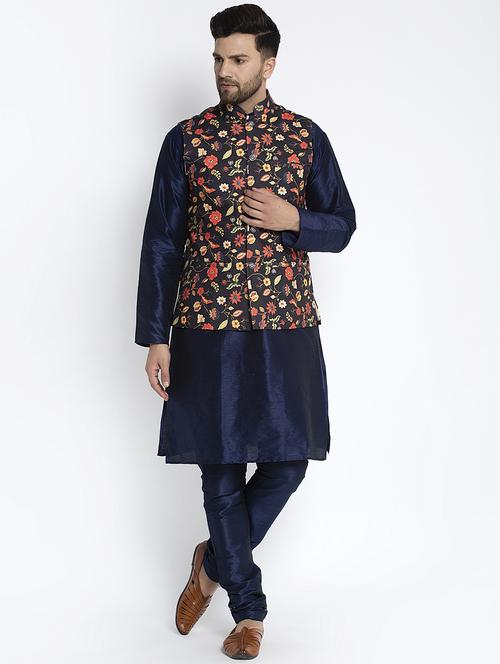 navy pure solid kurta pyjama with printed nehru-jacket - 18455957 - Standard Image - 1