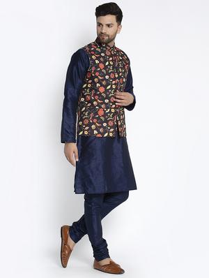 navy pure solid kurta pyjama with printed nehru-jacket - 18455957 - Standard Image - 2