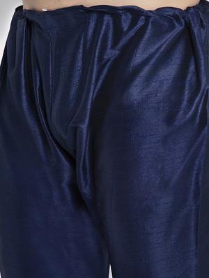 navy pure solid kurta pyjama with printed nehru-jacket - 18455957 - Standard Image - 4