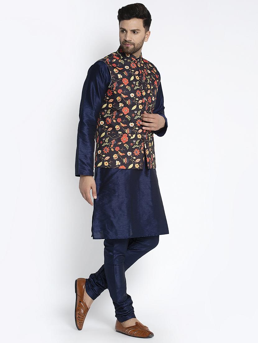 navy pure solid kurta pyjama with printed nehru-jacket - 18455957 - Zoom Image - 2