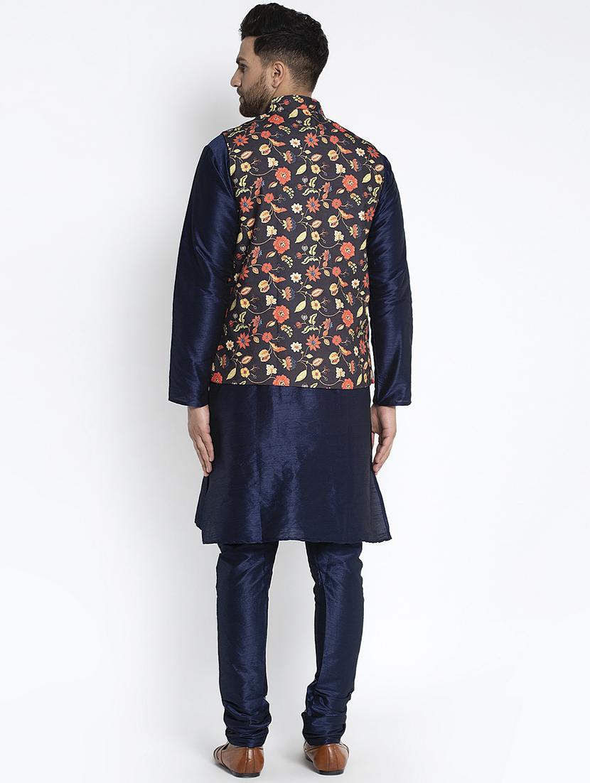 navy pure solid kurta pyjama with printed nehru-jacket - 18455957 - Zoom Image - 3