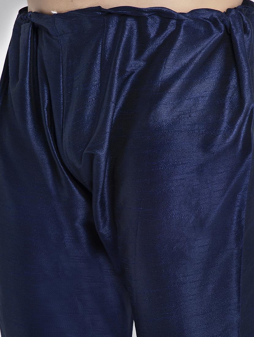 navy pure solid kurta pyjama with printed nehru-jacket - 18455957 - Zoom Image - 4