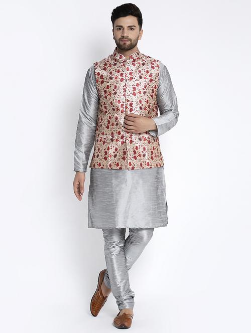 grey solid kurta pyjama with printed nehru-jacket - 18455976 - Standard Image - 1
