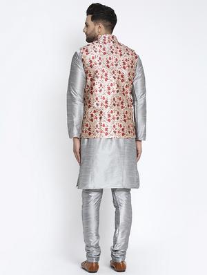 grey solid kurta pyjama with printed nehru-jacket - 18455976 - Standard Image - 3