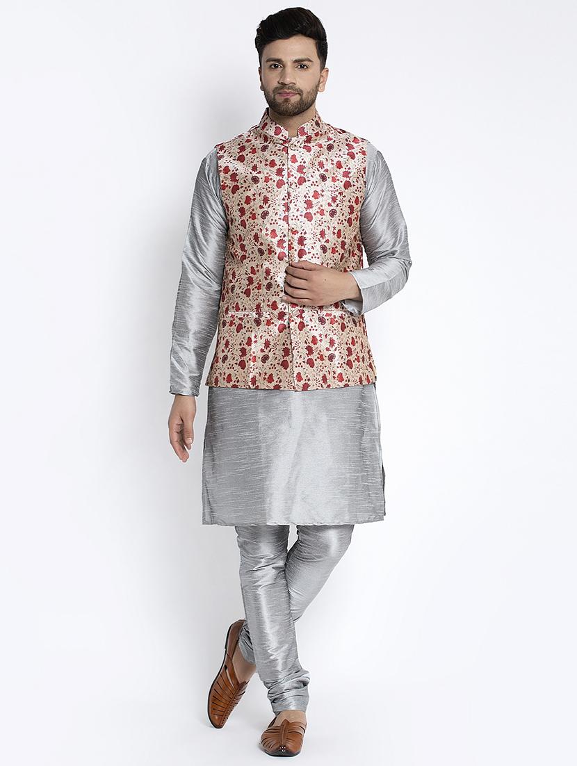 grey solid kurta pyjama with printed nehru-jacket - 18455976 - Zoom Image - 1